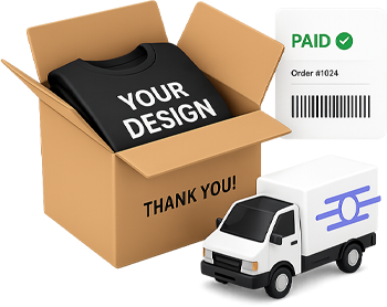 Shipping box with a printed tee, paid order label and a delivery truck