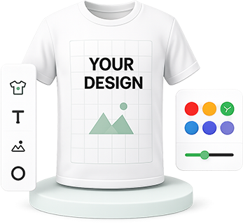 White tee with a customer design in the 3D designer, with text tools and a color palette