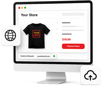Your branded store dashboard on a monitor with a publish button and custom domain