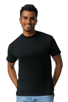 Man wearing a plain black tee, ready to be customized in the ShirtWheel designer