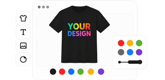 ShirtWheel 3D designer with a black tee, design tools and a color palette