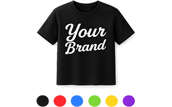 Black tee printed with Your Brand above a row of brand color swatches