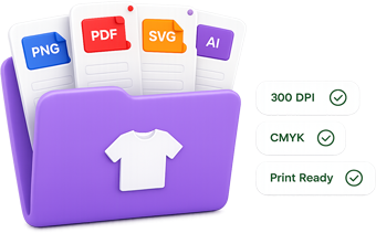 Folder of print-ready export files — PNG, PDF, SVG and AI at 300 DPI CMYK